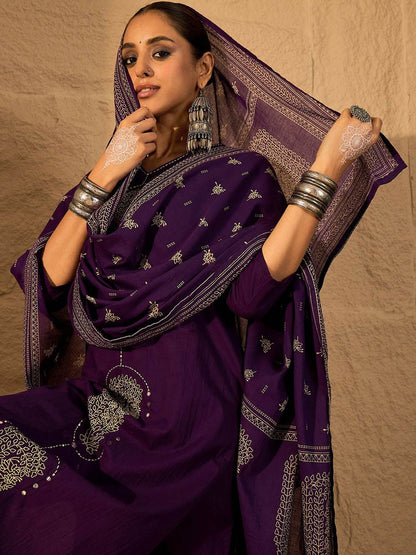 Women Floral Printed Mirror Work Pure Cotton Kurta with Trousers & Dupatta