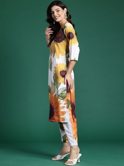 Floral Printed V-Neck Straight Kurta With Trouser
