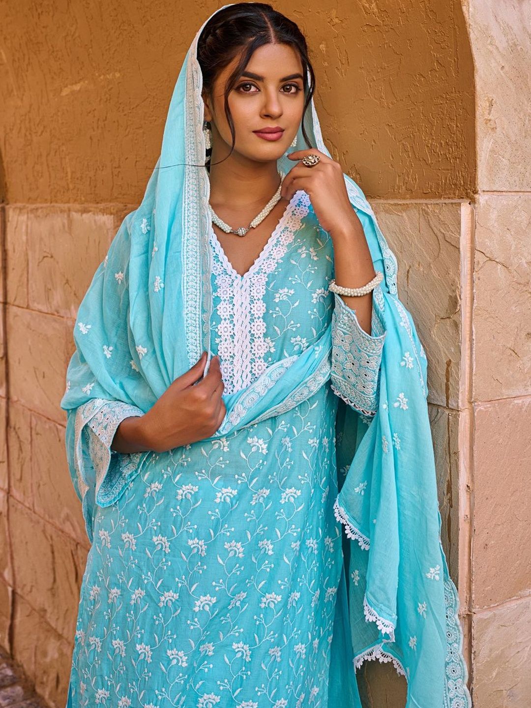 Women Ethnic Motifs Embroidered Regular Chikankari Pure Cotton Kurta with Trousers & With Dupatta