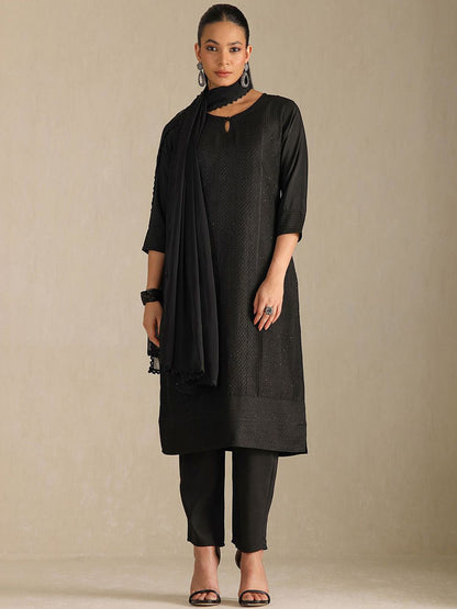 Dhiyona SO Women's Geometric Embroidered Sequinned Straight Kurta With Trousers & Dupatta
