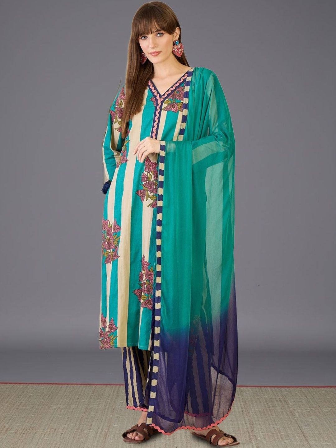Dhiyona IE Women Printed Regular Thread Work Pure Cotton Kurta with Trousers & With Dupatta