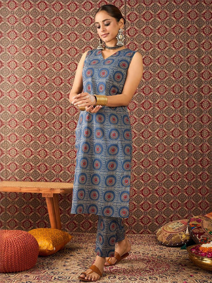 Dhiyona IE Printed Pure Cotton V-Neck Tunic With Trouser