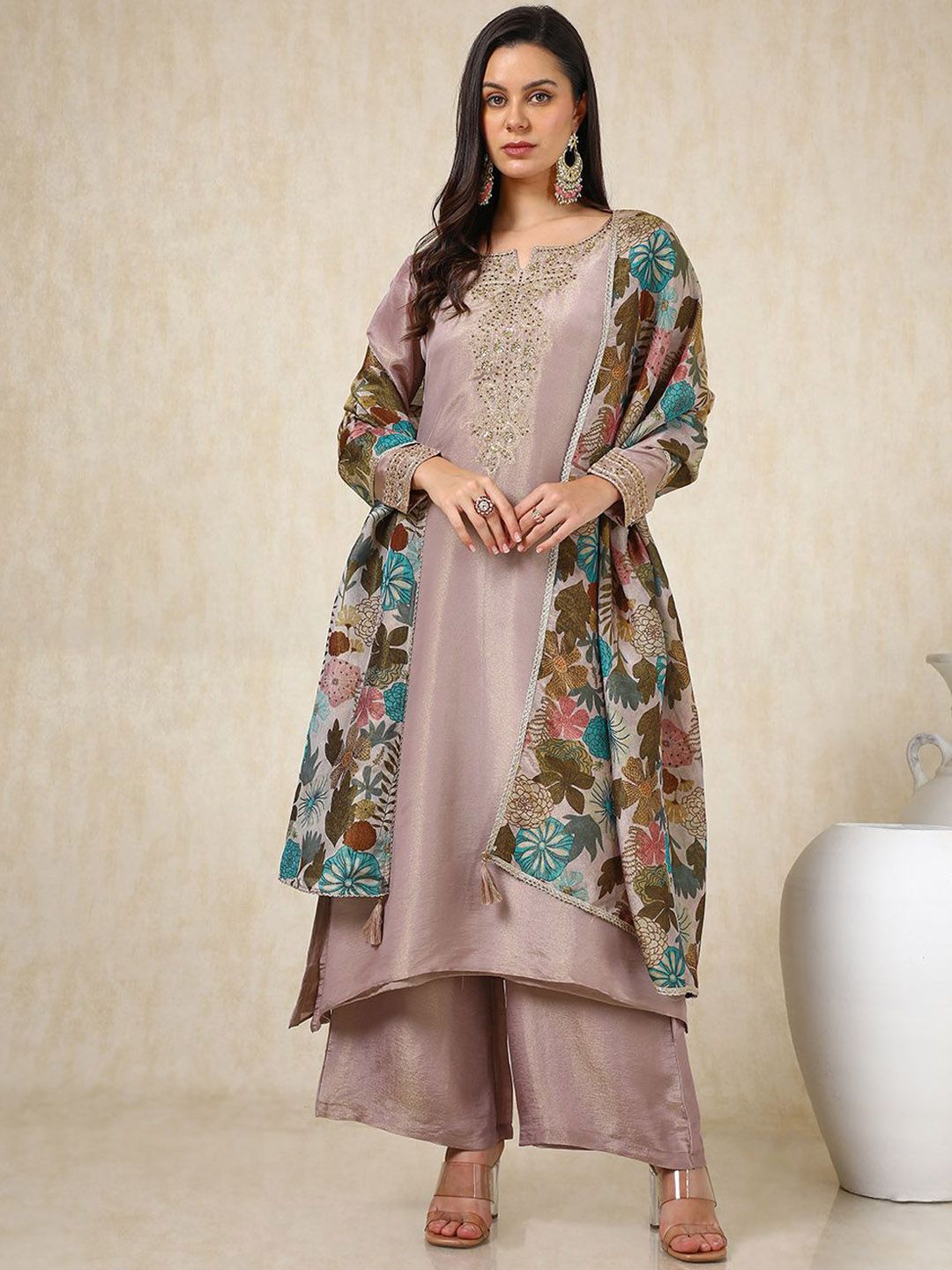 Dhiyona SO Women's Floral Embroidered Beads and Stones Straight Kurta with Palazzos & Dupatta