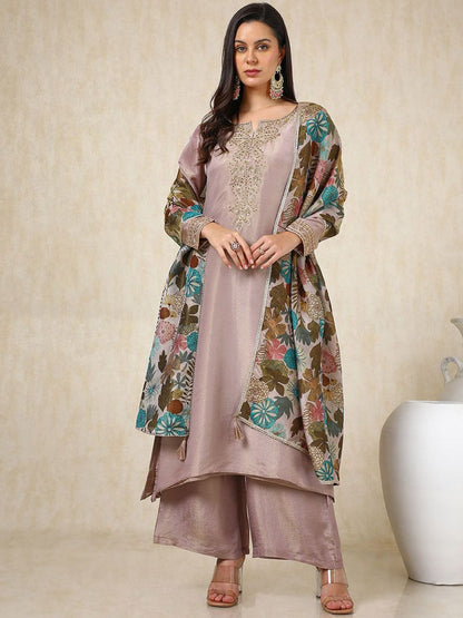 Dhiyona SO Women's Floral Embroidered Beads and Stones Straight Kurta with Palazzos & Dupatta