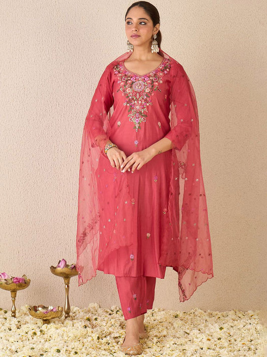 Dhiyona IE Floral Embroidered Stone & Beads Work V Neck Kurta With Trousers & Dupatta
