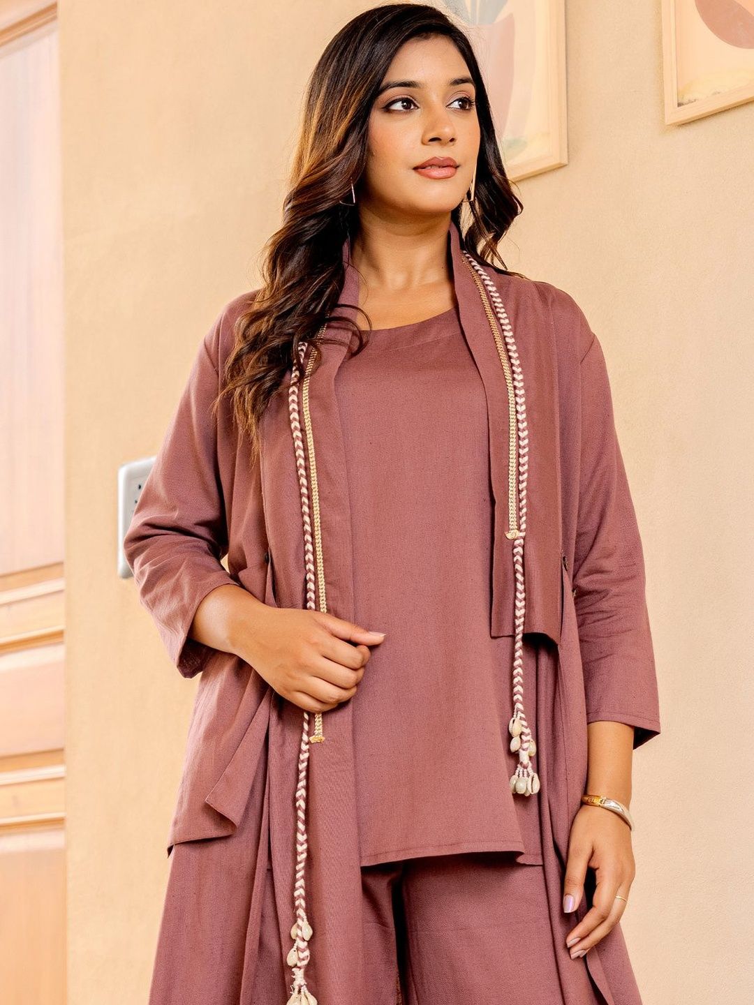Dhiyona IE Women Solid Cotton Top with Palazzo & Jacket