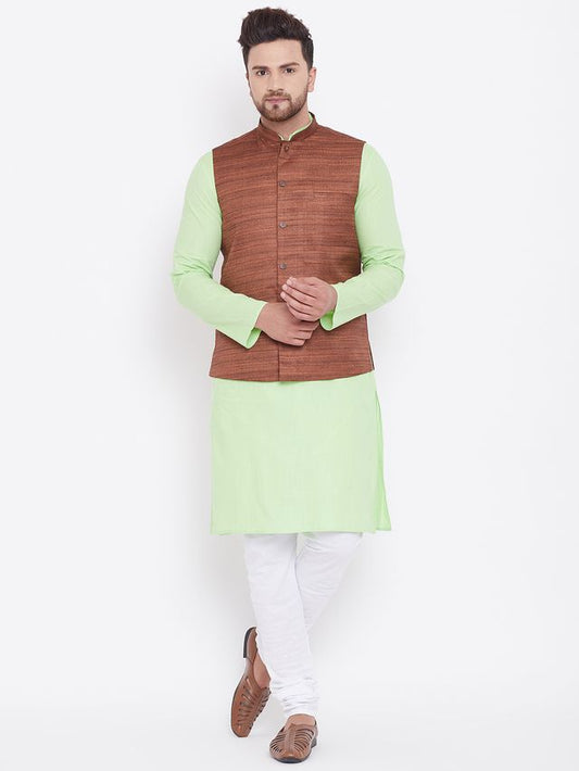 Men's Mint Green Cotton Blend Straight Jacket  Kurta and Pyjama Set