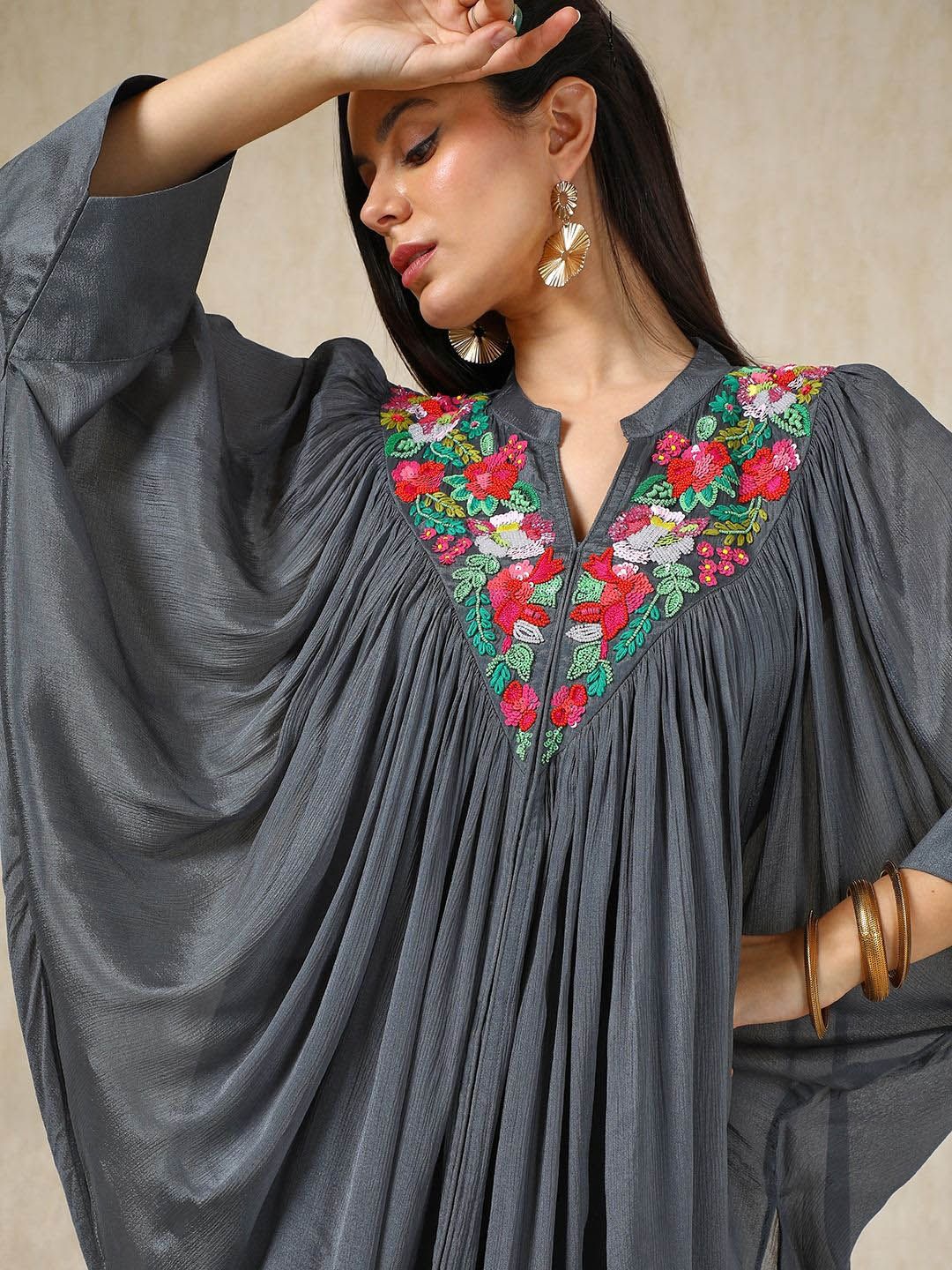 Dhiyona SO Women's Grey Floral Embroidered Mandarin Collar Three-Quarter Sleeves Top With Skirt