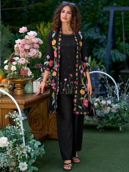 Women Floral Embroidered Regular Beads and Stones Kurta with Palazzos