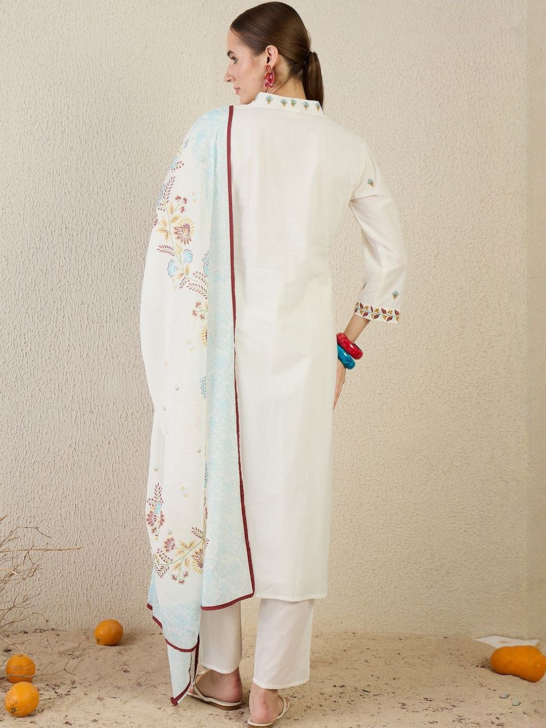 Floral Embroidered Thread Work Pure Cotton Kurta With Trouser & Dupatta