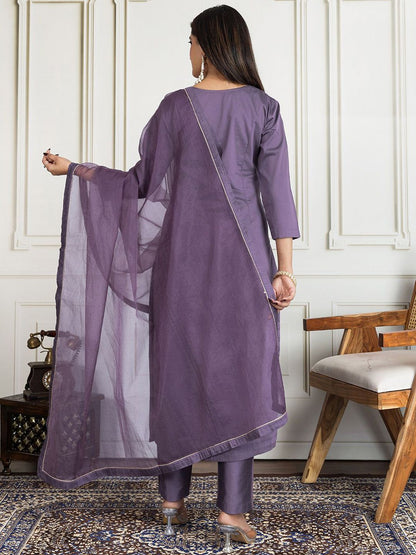 Dhiyona PD Women Floral Embroidered Round Neck Sequinned Kurta With Trouser & Dupatta