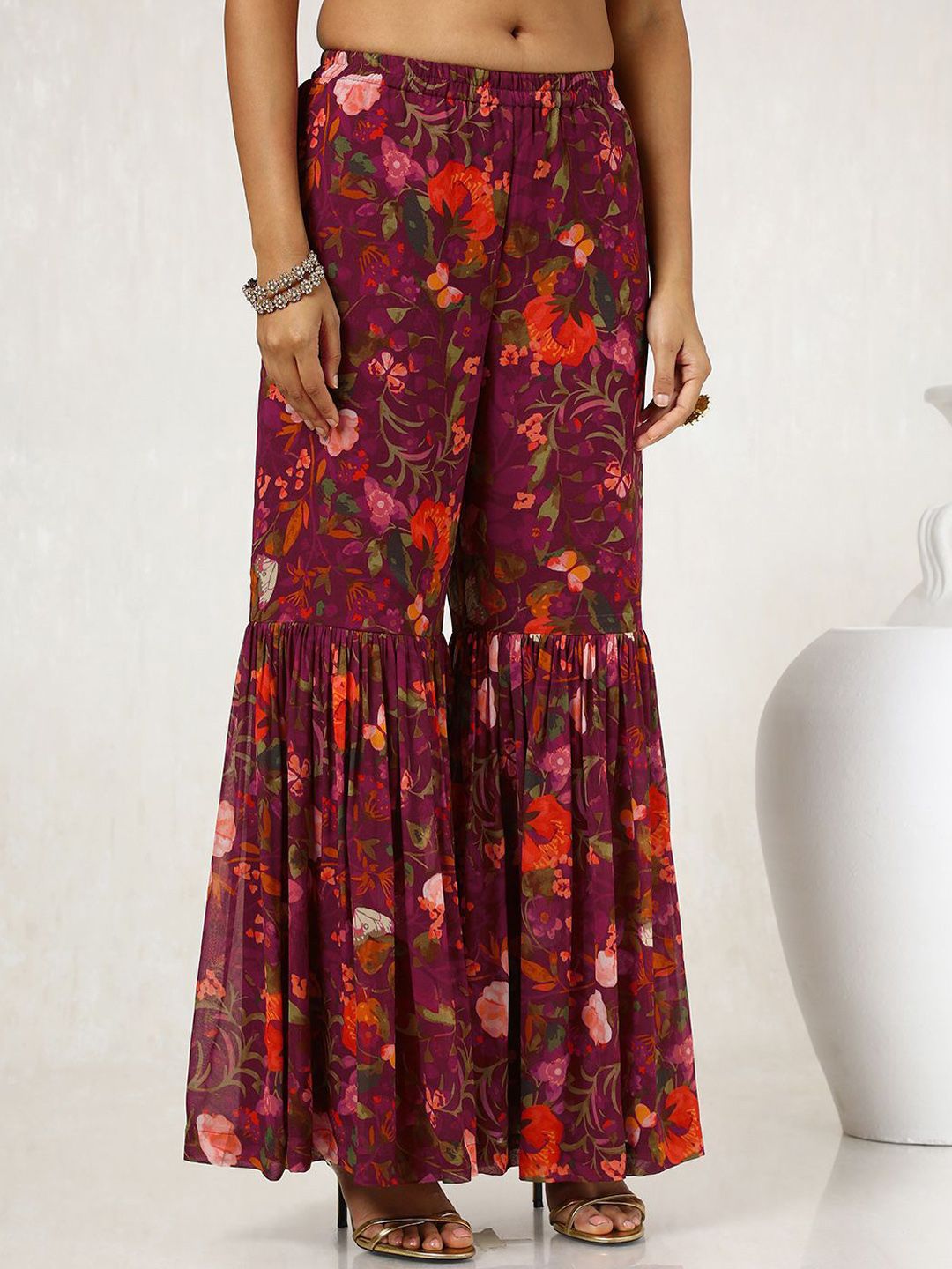 Dhiyona SO Women's Maroon Floral Printed Mirror Work Kurta With Sharara & Dupatta