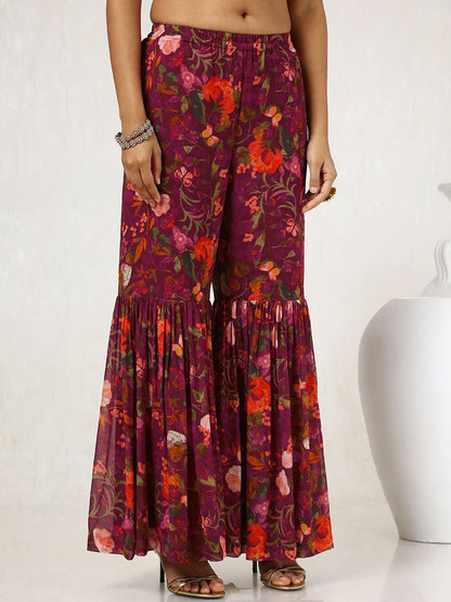 Dhiyona SO Women's Maroon Floral Printed Mirror Work Kurta With Sharara & Dupatta