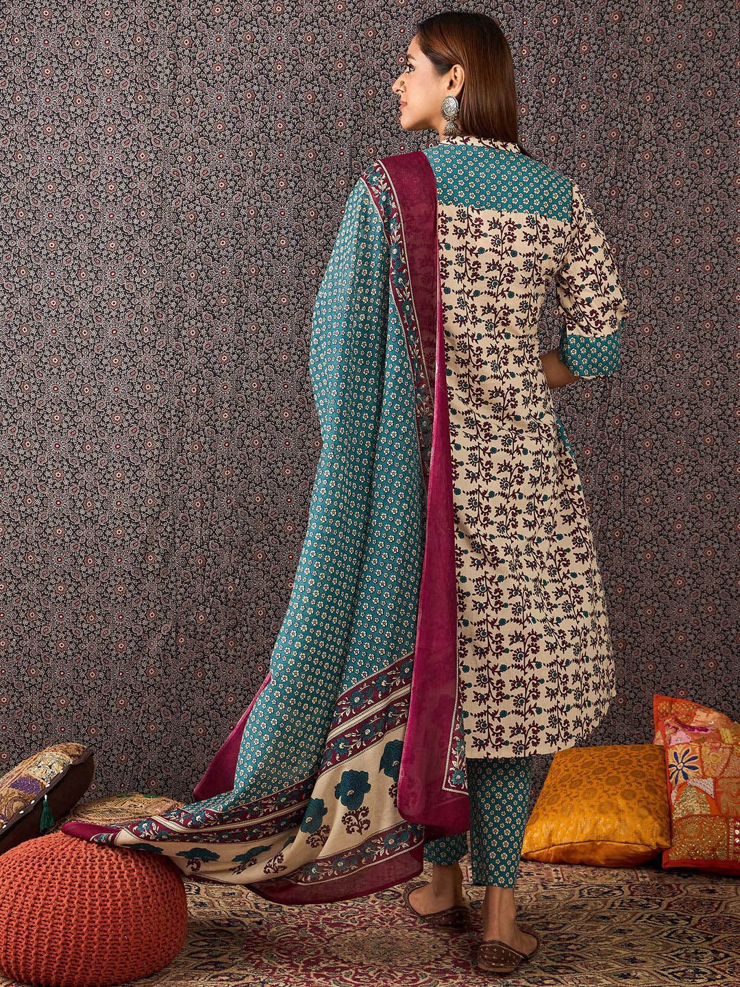 Floral Printed Mandarin Collar Pure Cotton A-Line Kurta & Trousers With Dupatta