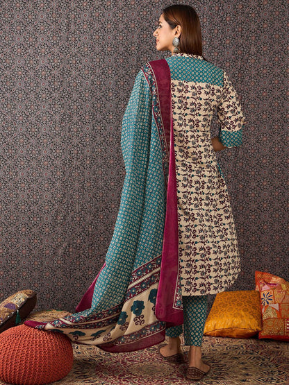 Floral Printed Mandarin Collar Pure Cotton A-Line Kurta & Trousers With Dupatta