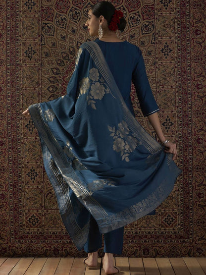 Ethnic Motifs Embroidered Thread Work Kurta With Trousers & Dupatta