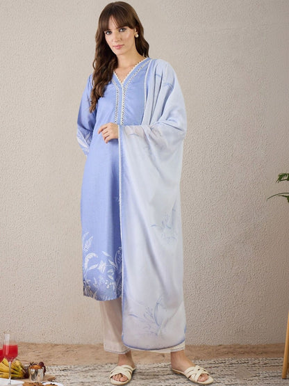 Women Floral Printed Regular Linen Kurta with Trousers & With Dupatta