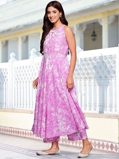 Dhiyona VA Women's Floral Printed Empire Pure Cotton Kurta with Trousers