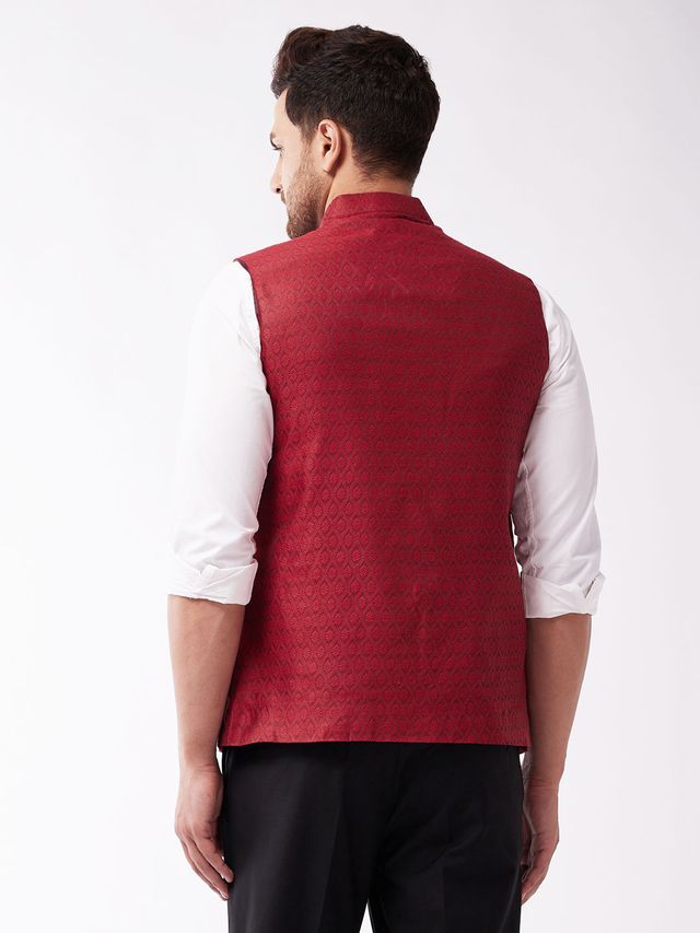 Men's Maroon Silk Blend Straight Nehru Jacket