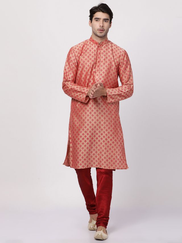 Men's Pink Cotton Blend Straight Kurta Pyjama Set