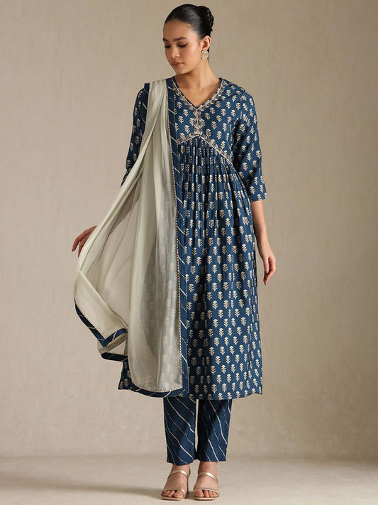 Dhiyona SO Women's Women Leheriya Printed Zardozi Kurta with Trousers & With Dupatta