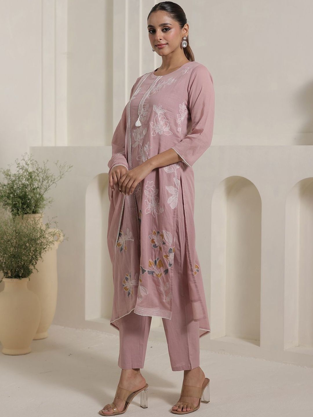 Women Solid Cotton Kurta with Trousers & Dupatta