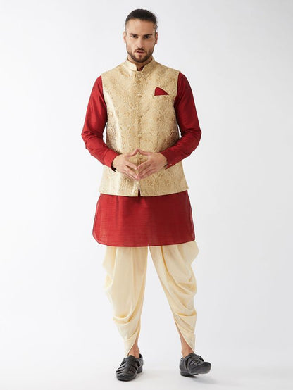 Men's Maroon Silk Blend Straight Jacket  Kurta and Dhoti Set