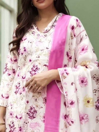 Floral Printed Pure Cotton Straight Kurta With Trousers & Dupatta