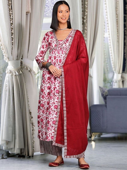 Dhiyona VA Women's Printed Pleated Thread Work Pure Cotton Kurta with Palazzos & With Dupatta