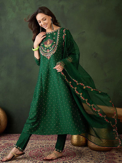 Dhiyona SN Women's Floral Embroidered Zari Sequence A Line Kurta & Trouser With Dupatta