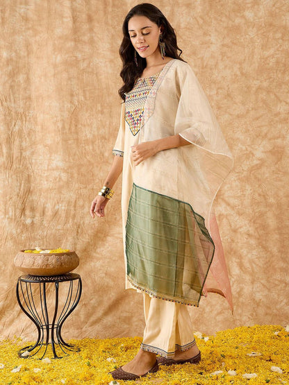 Yoke Design Straight Thread Work Liva Kurta with Palazzos & Dupatta