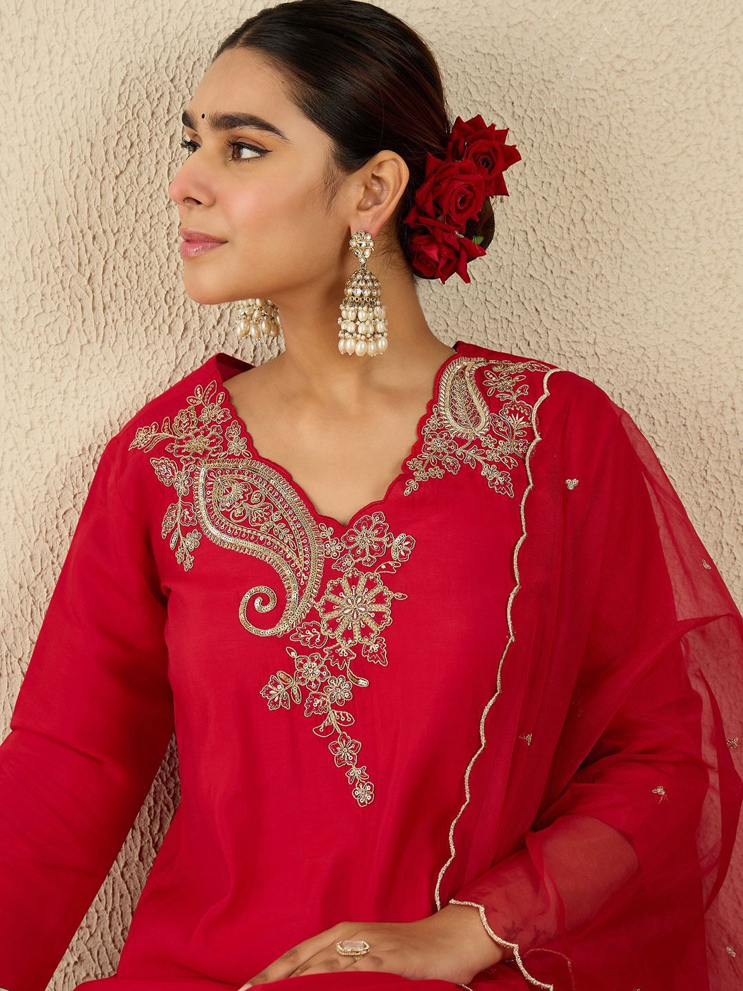 Paisley Embroidered Sequinned Liva Straight Kurta With Trousers & Dupatta