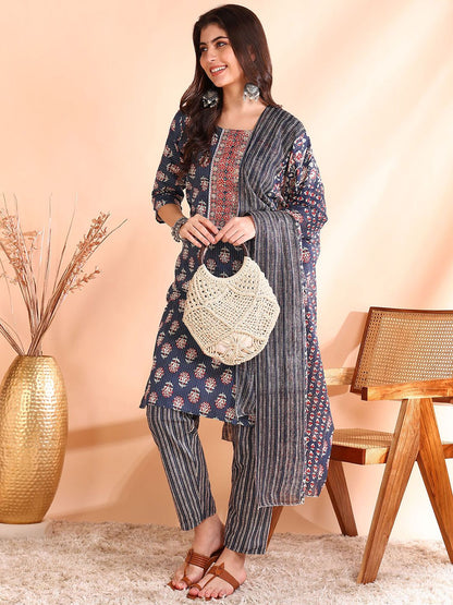 Dhiyona OD  Printed Thread Work Pure Cotton Kurta With Trousers & Dupatta