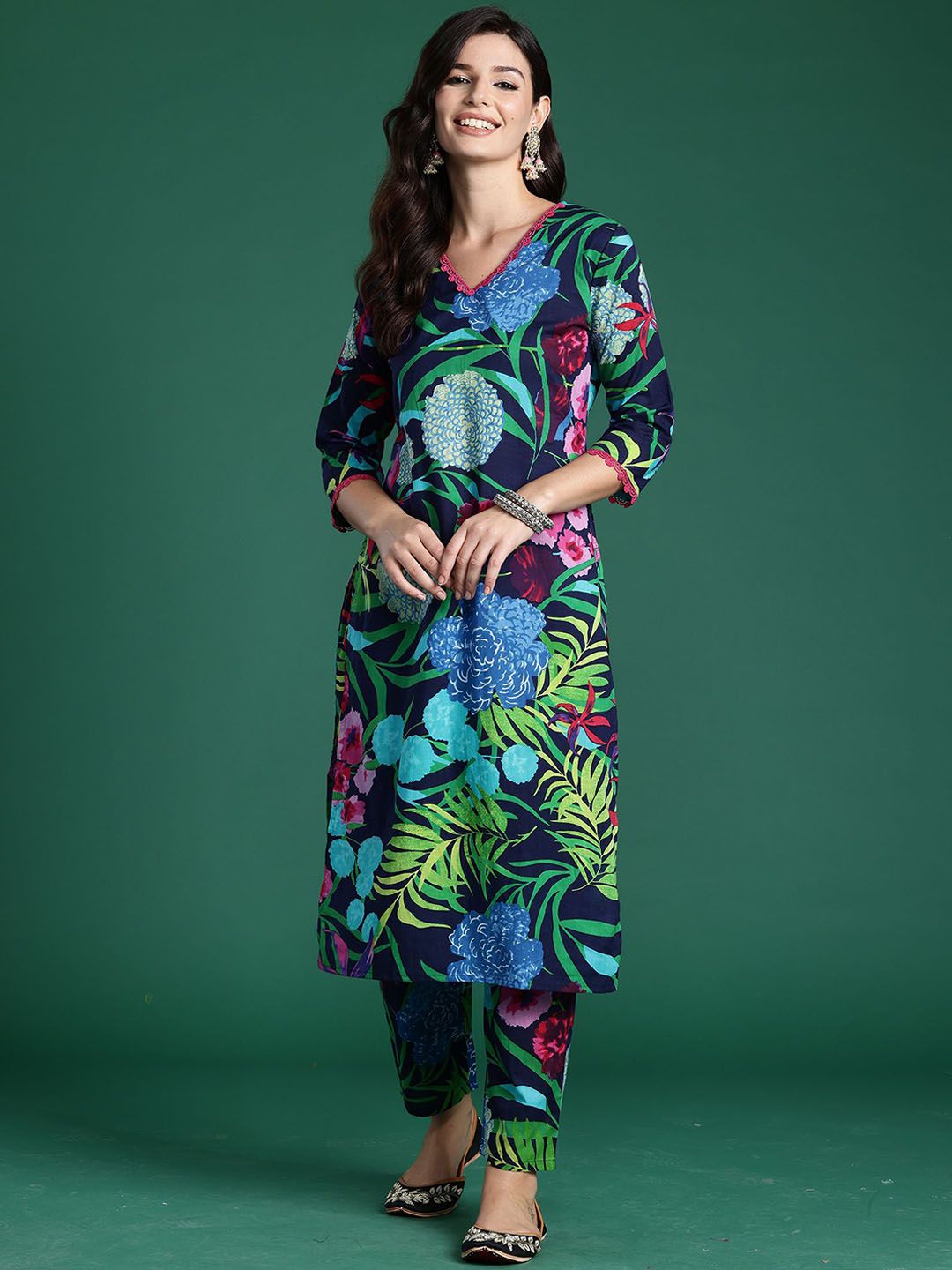 Dhiyona IE Tropical Printed V-Neck Pure Cotton Tunic With Trouser