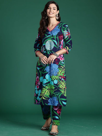 Dhiyona IE Tropical Printed V-Neck Pure Cotton Tunic With Trouser
