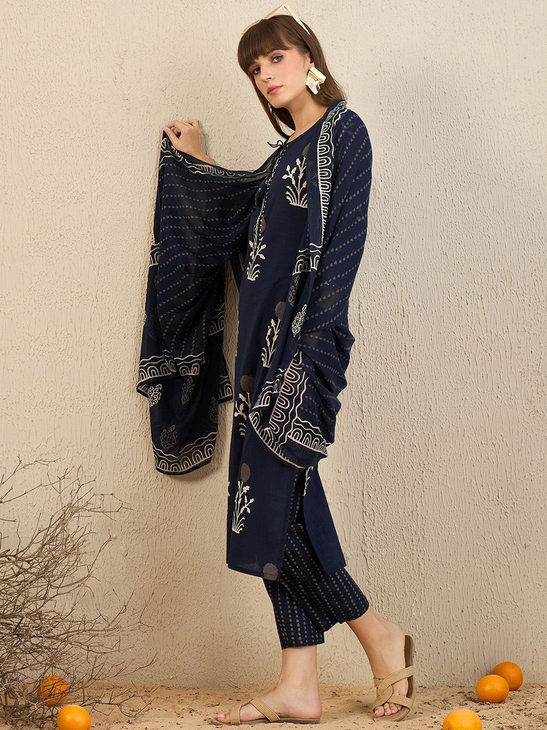 Dhiyona IE Floral Printed Pure Cotton Straight Kurta With Trousers & Dupatta