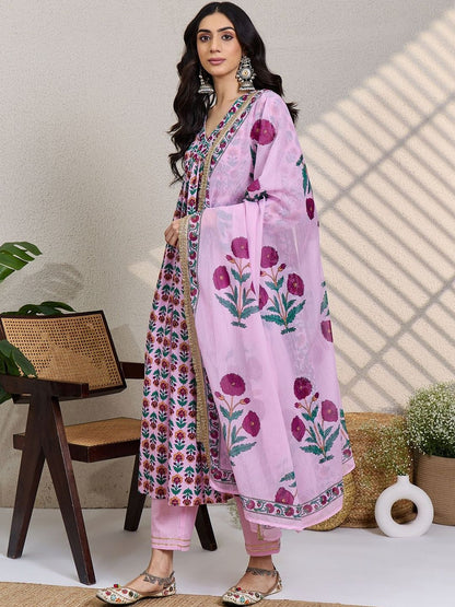Women Floral Printed Empire Pure Cotton Kurta with Trousers & Dupatta