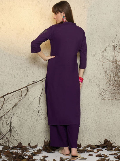 Dhiyona IE Women Embroidered Mandarin Collar Cotton Top and Trousers Co-Ords