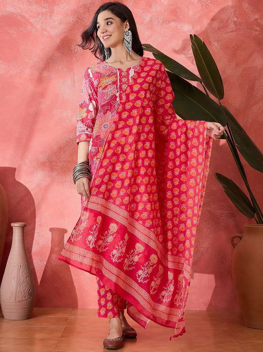 Dhiyona SN Women's Floral Printed Notch Neck Pure Cotton Straight Kurta With Trouser & Dupatta