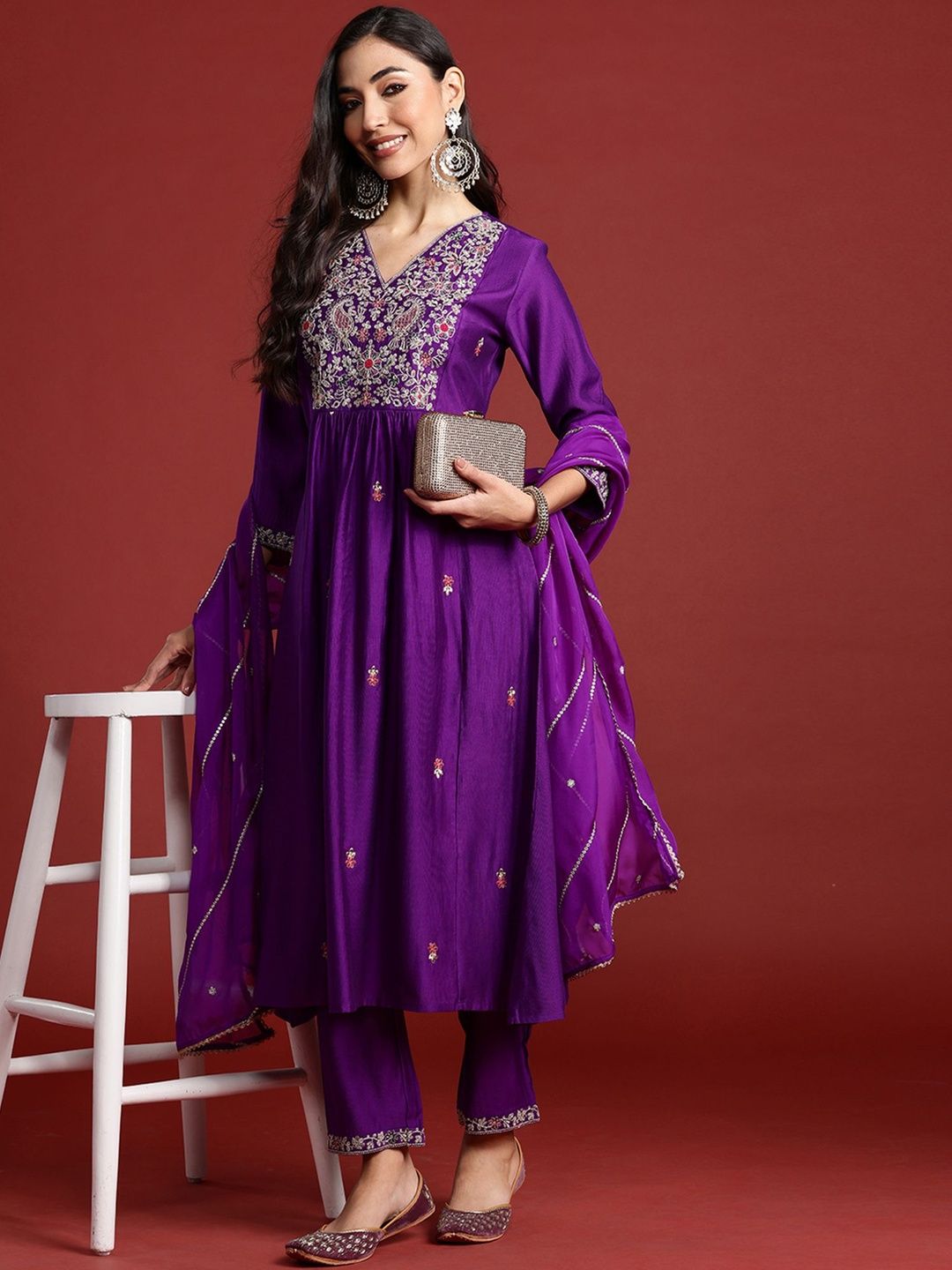 Dhiyona IE Ethnic Motifs Embroidered Thread Work A-Line Kurta With Trouser And Dupatta