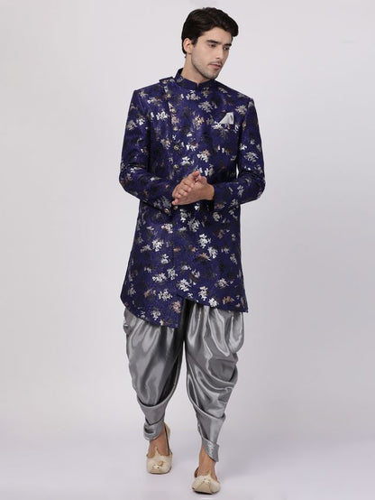 Men's Blue Polyester Lurex Blend Asymmetric Sherwani Set