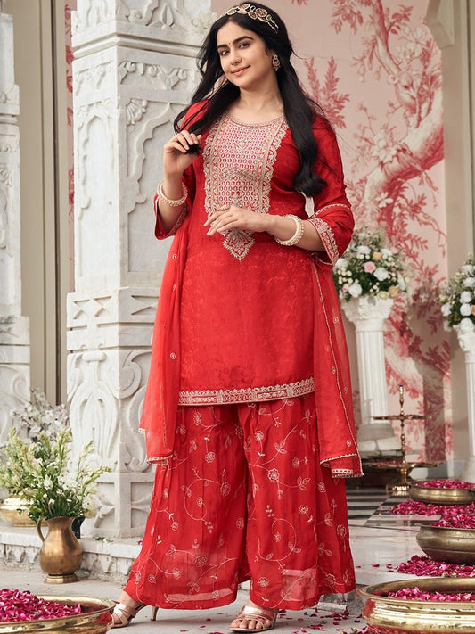 Dhiyona CH Women Ethnic Motifs Embroidered Thread Work Kurta with Sharara & With Dupatta