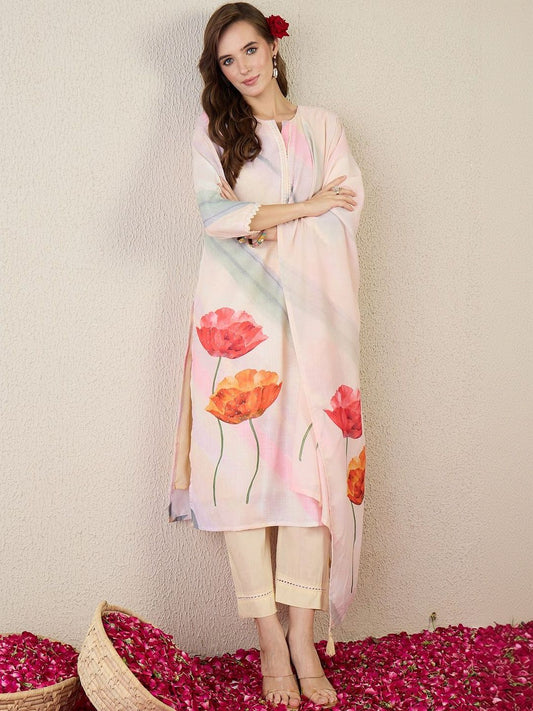 Women Floral Printed Regular Linen Kurta with Trousers & With Dupatta