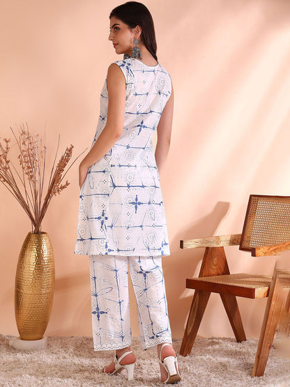 Dhiyona OD  Geometric Printed V-Neck Pure Cotton Straight Kurta With Trouser