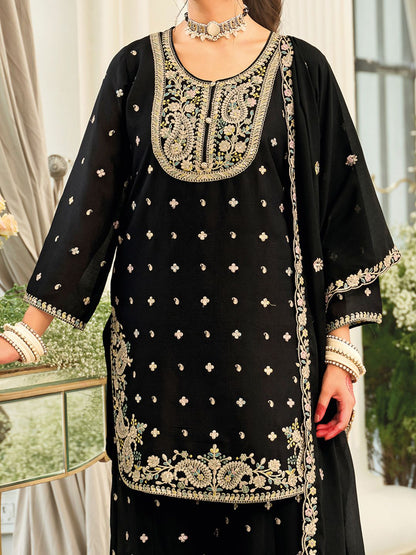 Paisley Embroidered Sequinned Straight Kurta With Palazzos & Dupatta