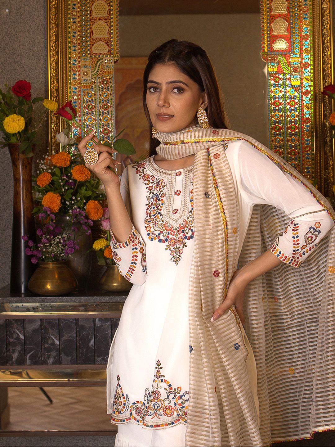 Dhiyona CH Georgette Embroidered Kurta Set with Sharara and Dupatta