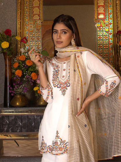 Dhiyona CH Georgette Embroidered Kurta Set with Sharara and Dupatta