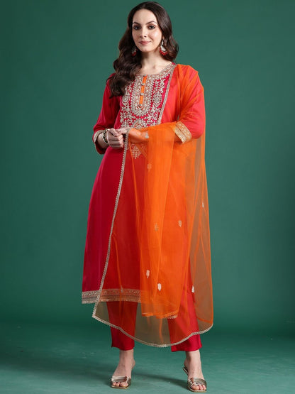 Ethnic Motifs Embroidered Zari Regular Kurta With Trouser And Dupatta