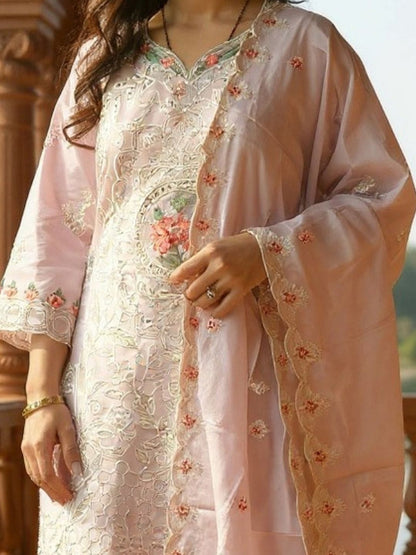 Embroidered V-Neck Thread Work Pure Cotton Straight Kurta With Trousers & Dupatta