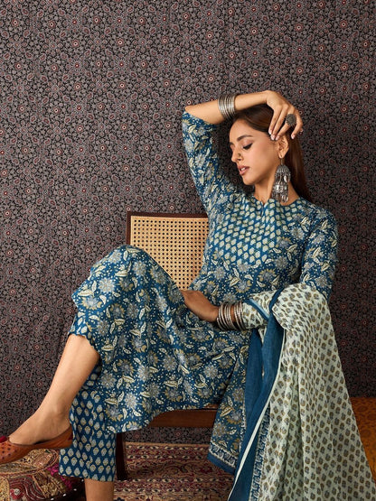 Women Ethnic Motifs Printed Regular Sequinned Pure Cotton Kurta with Trousers & With Dupatta